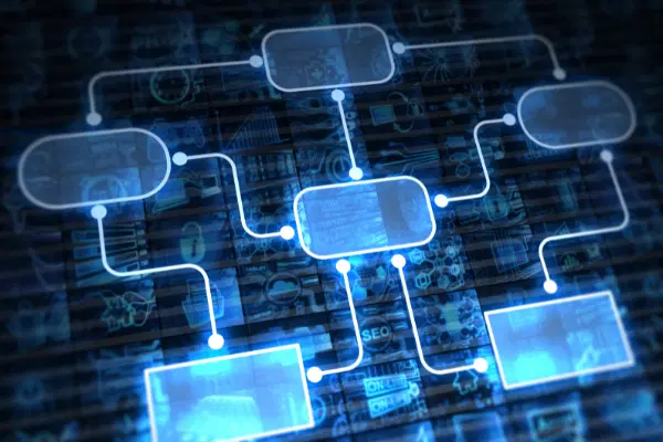 Semi-transparent logic diagram on a dark-blue background.