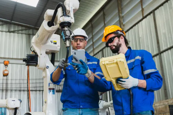 Two factory workers looking into their pads and diagnosing robotic arm, which is beside them.