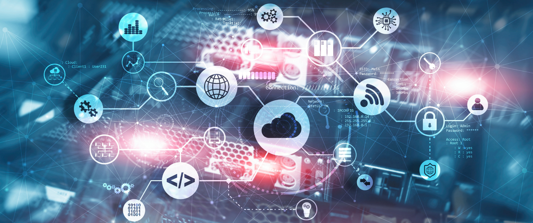 Interconnected nodes, showing relationships between different aspects of information and cloud technology on a blue abscract background.